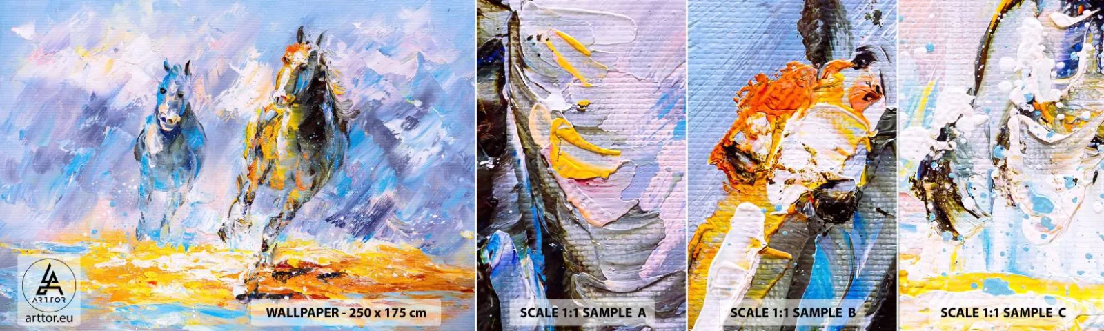 Fototapet Prøve Standard Eco - Galopperer gennem det blanke skær - Dyr, Heste, impressionisme - 100x30 cm