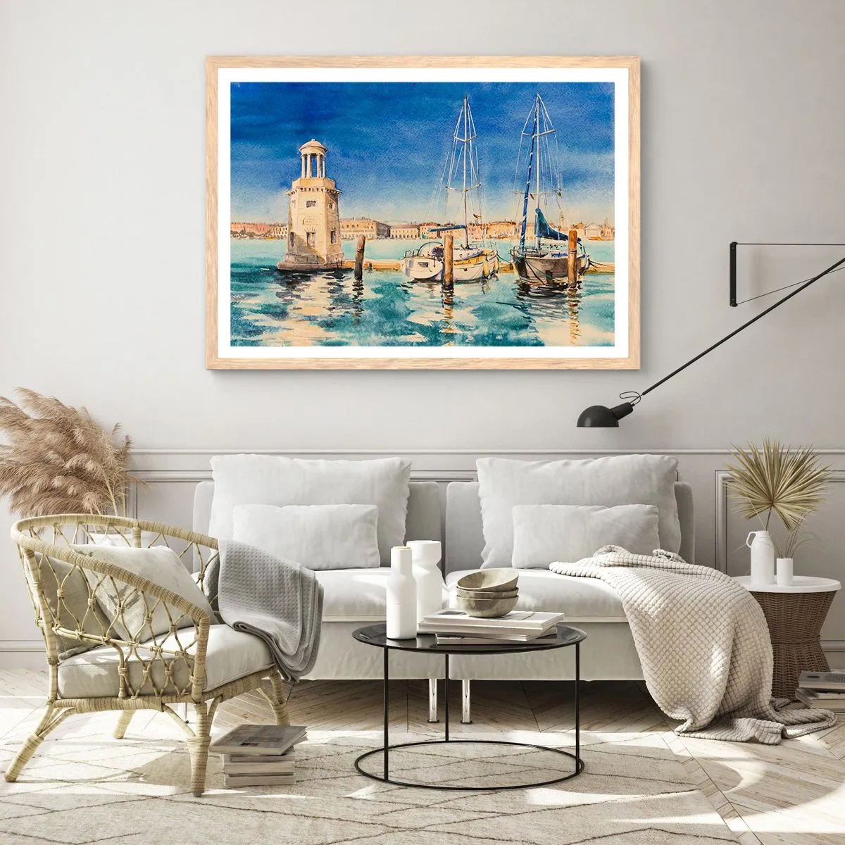 Plakat i ramme af lyst egetræ - Solrig lagune - 100x70 cm