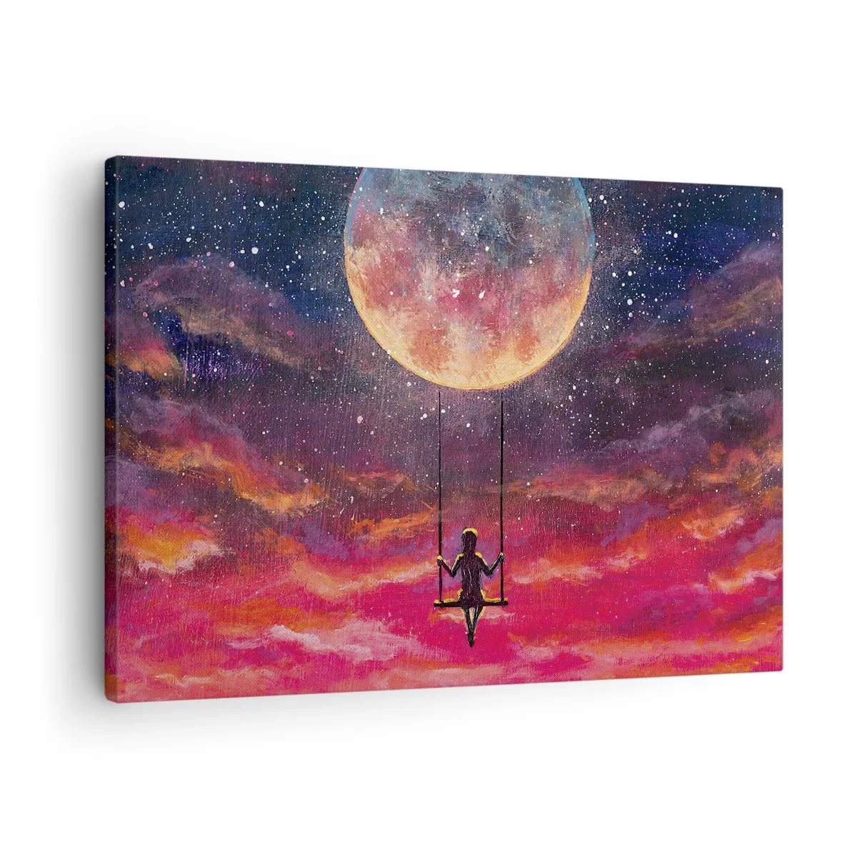 Lærredstryk - Billede på lærred - En figur på en gynge hængende op ad månen - 70x50cm - Glæd dig i skyerne - Moderne vægdekoration til stue og soveværelse ARTTOR