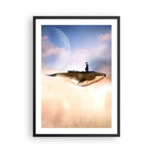 Plakat i sort ramme - Et surrealistisk maleri af en kvinde, der rider på en hval blandt skyerne. - 50x70cm - En surrealistisk rejse - Moderne vægdekoration til stue og soveværelse ARTTOR