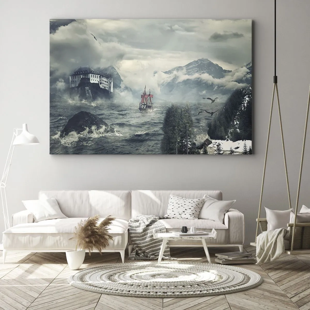 Lærredstryk - Billede på lærred - Et mystisk landskab med et slot, bjerge og et skib - 70x50cm - På magiske vande - Moderne vægdekoration til stue og soveværelse ARTTOR