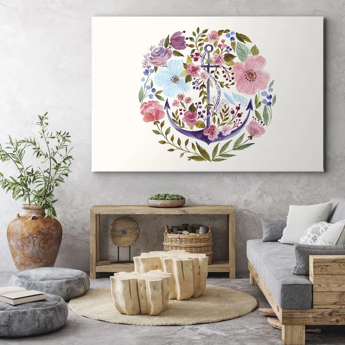 Lærredstryk - Billede på lærred - Et anker omgivet af akvarelblomster på en lys baggrund - 70x50cm - En sømands gode nattesøvn - Moderne vægdekoration til stue og soveværelse ARTTOR