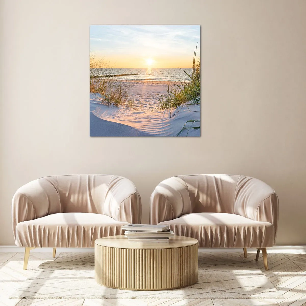 Billede på glas - Havet brummer, fuglene synger, en vild strand midt i græsset.... - 50x50 cm