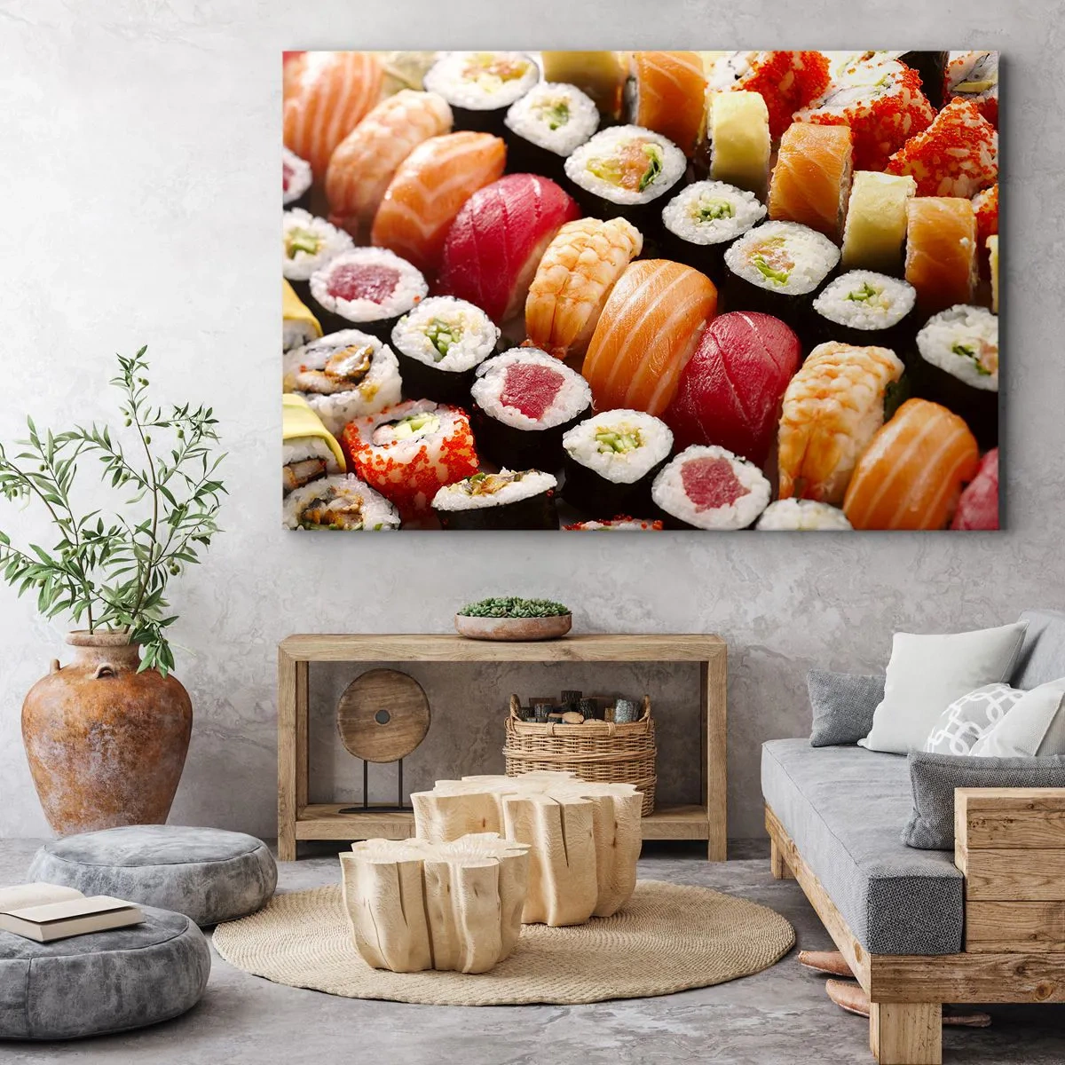 Lærredstryk - Billede på lærred - Farverig sushi arrangeret i rækker med forskellige toppings - 70x50cm - Asiens farver og smag - Moderne vægdekoration til stue og soveværelse ARTTOR