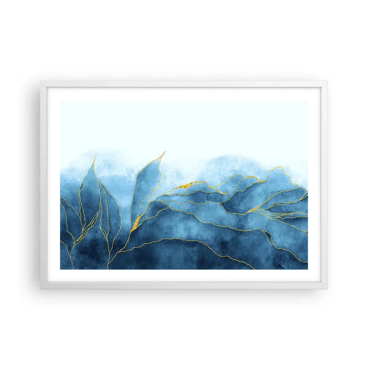 Plakat i hvid ramme - Blå i guld - 70x50 cm