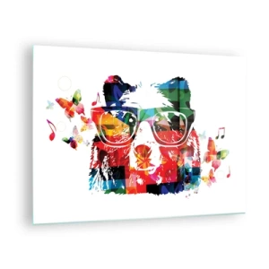 Billede på glas - Farverig bjørn med briller i pop art-stil med et musikalsk tema - 70x50cm - Jeg elsker det! - Moderne vægdekoration til stue og soveværelse ARTTOR