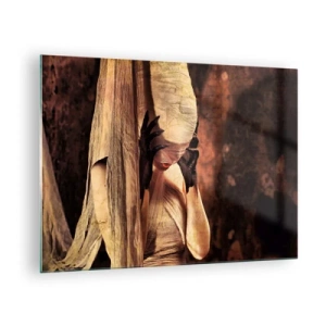 Billede på glas - En mystisk kvinde omgivet af gyldne stoffer - 70x50cm - Mellem godt og ondt - Moderne vægdekoration til stue og soveværelse ARTTOR