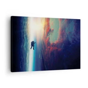 Lærredstryk - Billede på lærred - En astronaut, der svæver i rummet over en farverig Jord - 70x50cm - Over for universet - Moderne vægdekoration til stue og soveværelse ARTTOR
