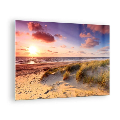 Billede på glas - Strand med klitter ved solnedgang - 70x50cm - Luften dufter allerede af sommer - Moderne vægdekoration til stue og soveværelse ARTTOR