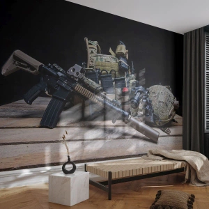 Fototapet på mål Premium Sand - Hvil! - Militær, Riffel, Våben