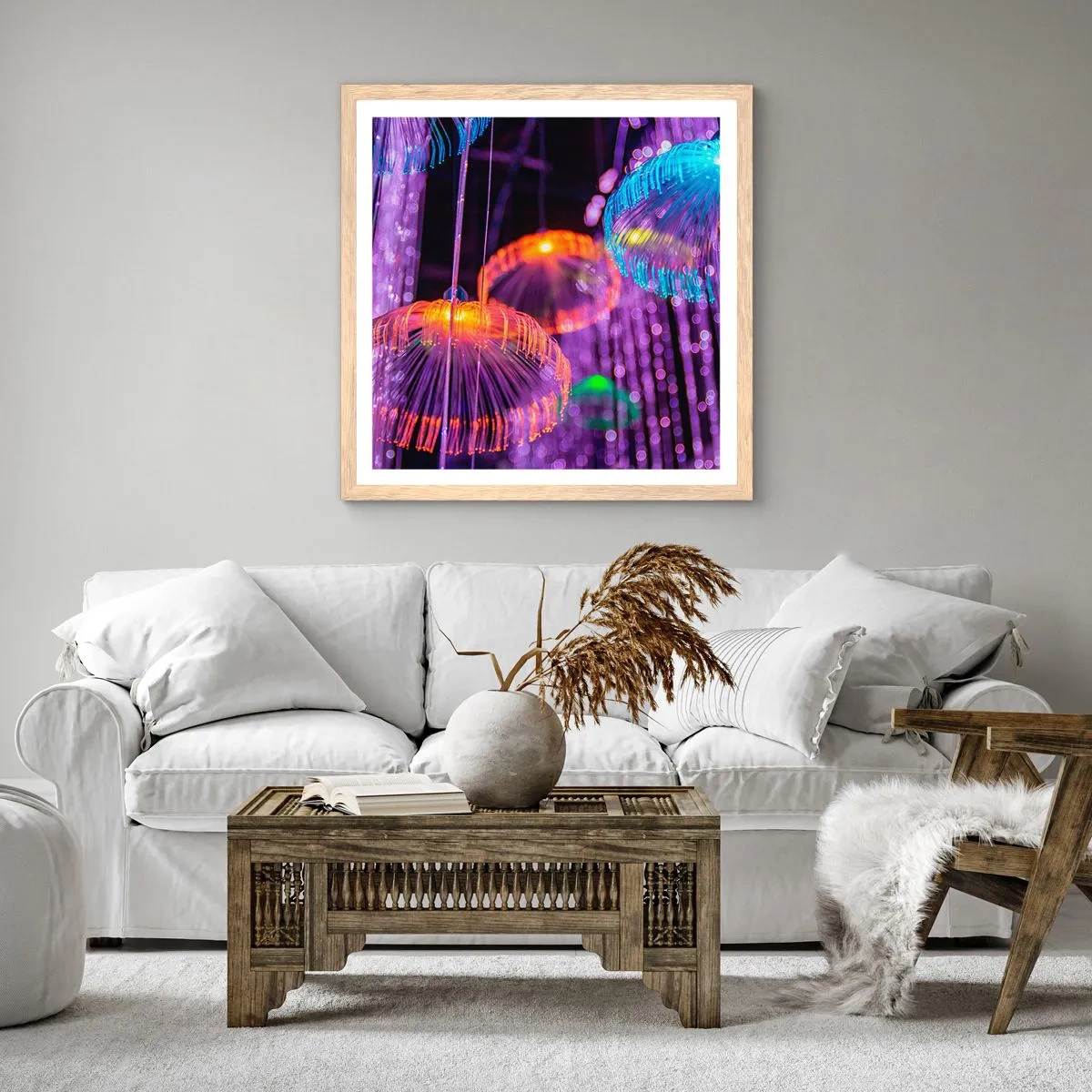 Plakat i ramme af lyst egetræ - Lysende springvand - 50x50 cm