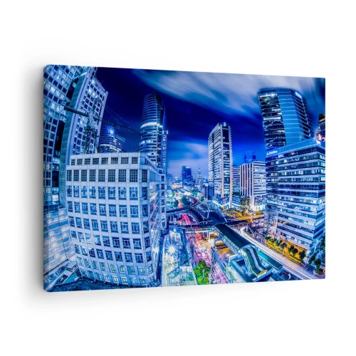 Lærredstryk - Billede på lærred - Natbypanorama med skyskrabere og gadelygter - 70x50cm - Nattens rytmer i byen - Moderne vægdekoration til stue og soveværelse ARTTOR