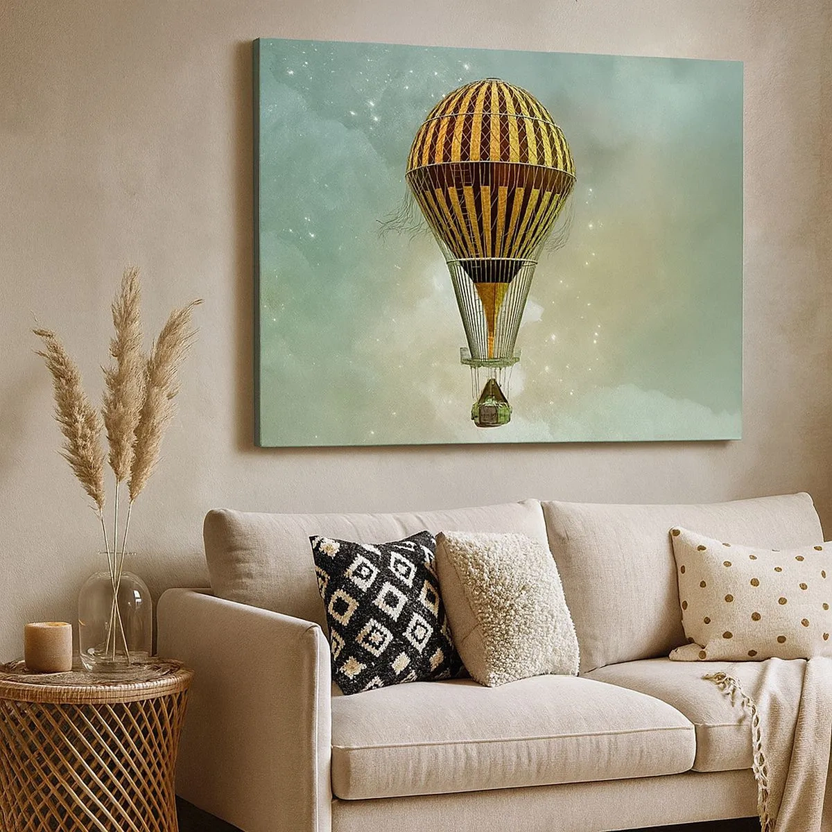 Lærredstryk - Billede på lærred - En varmluftballon svæver blandt skyerne - 70x50cm - Banebrydende flyvninger - Moderne vægdekoration til stue og soveværelse ARTTOR
