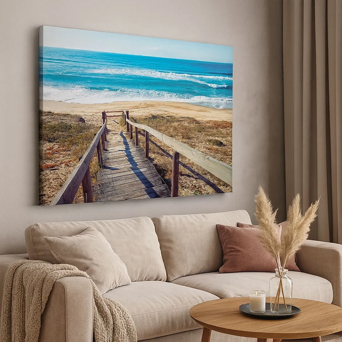 Lærredstryk - Billede på lærred - Træsti, der fører til stranden - 70x50cm - Løb! - Moderne vægdekoration til stue og soveværelse ARTTOR