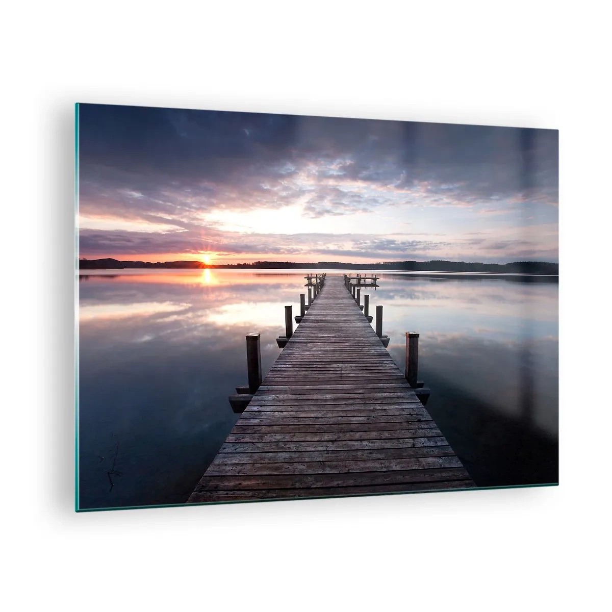 Billede på glas - Træbro ved søen ved solnedgang - 70x50cm - Den tavse grænse mellem dag og nat - Moderne vægdekoration til stue og soveværelse ARTTOR