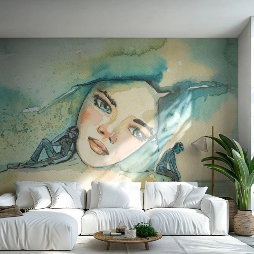 Fototapet Standard Eco - Am I blue? - Abstraktion, Kvindens ansigt, Maleri - 150x105 cm