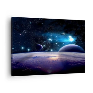 Lærredstryk - Billede på lærred - Udsigt over det ydre rum med planeter og stjerner - 70x50cm - Er du stadig alene? - Moderne vægdekoration til stue og soveværelse ARTTOR
