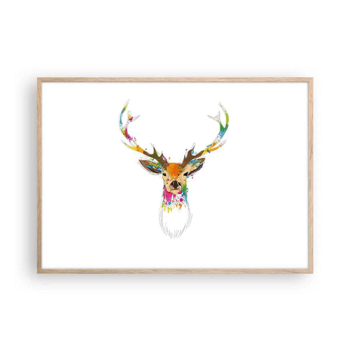 Plakat i ramme af lyst egetræ - Blid kronhjort badet i farver - 100x70 cm