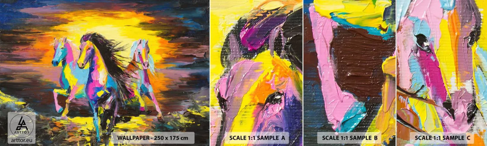 Prøve Fototapet Selvklæbende Deluxe Sticker - Nedsænket i regnbuen - Dyr, Heste, Frihed - 100x30 cm