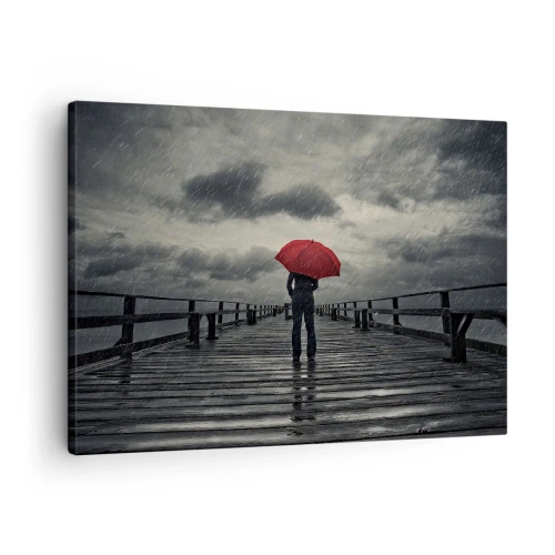 Lærredstryk - Billede på lærred - En person med en rød paraply på en regnfuld mole - 70x50cm - Det er ingenting, hvis det regner - Moderne vægdekoration til stue og soveværelse ARTTOR