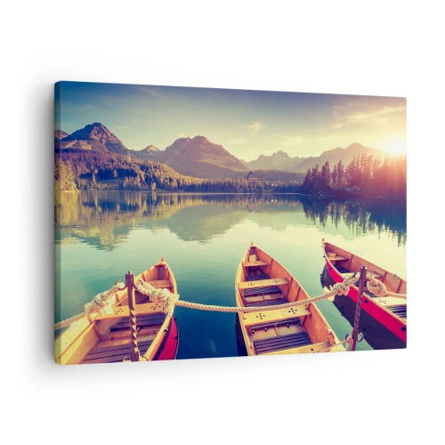 Lærredstryk - Billede på lærred - Både på en rolig sø omgivet af bjerge ved solnedgang - 70x50cm - Lev efter dens love - Moderne vægdekoration til stue og soveværelse ARTTOR