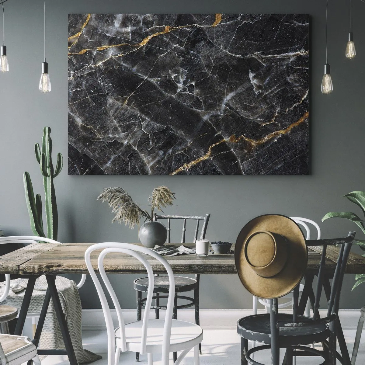 Lærredstryk - Billede på lærred - Sorte og gulddetaljer på marmoroverfladen - 70x50cm - En stens indre liv - Moderne vægdekoration til stue og soveværelse ARTTOR