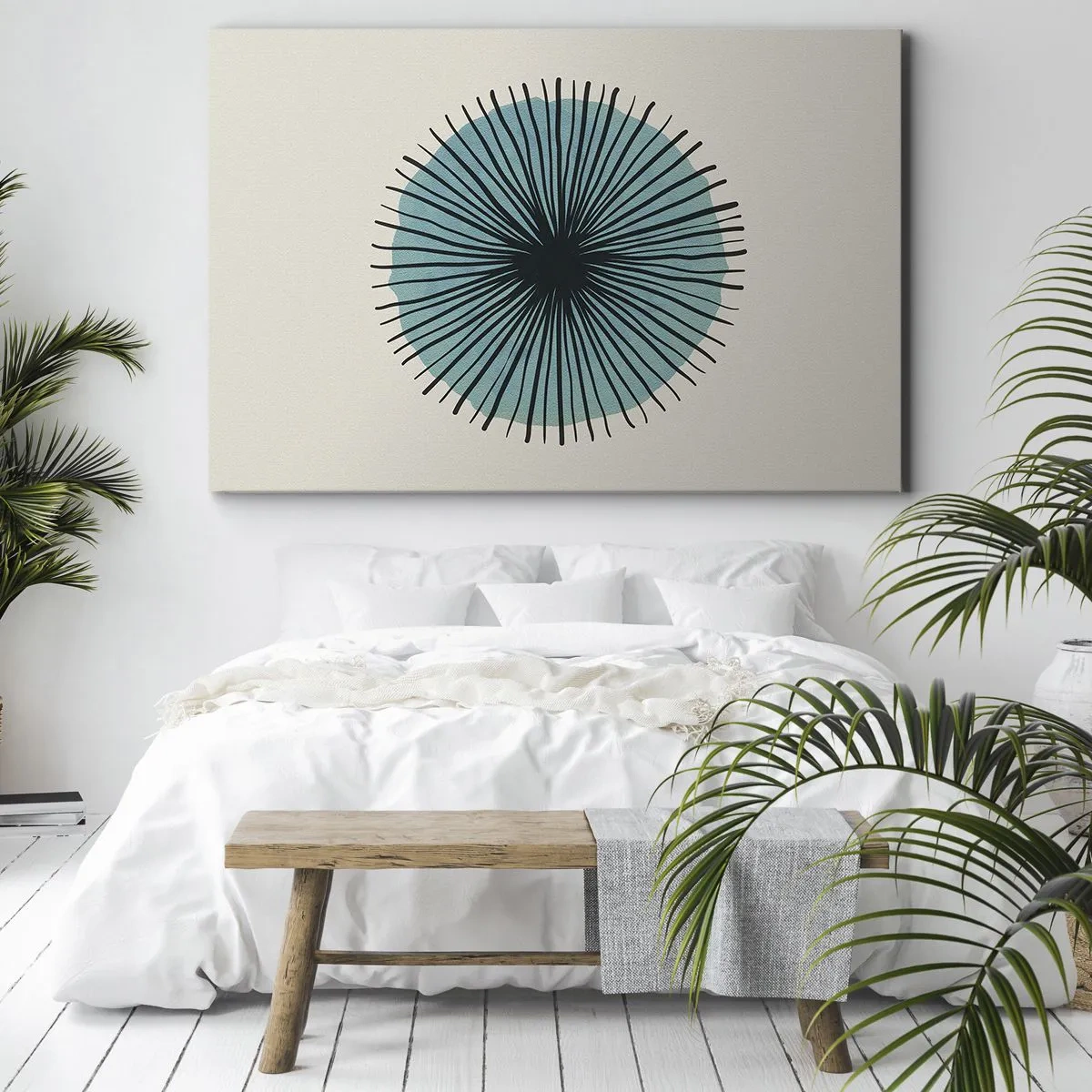 Lærredstryk - Billede på lærred - Abstrakt cirkulær form med blå stråler - 70x50cm - Strålende på blå - Moderne vægdekoration til stue og soveværelse ARTTOR