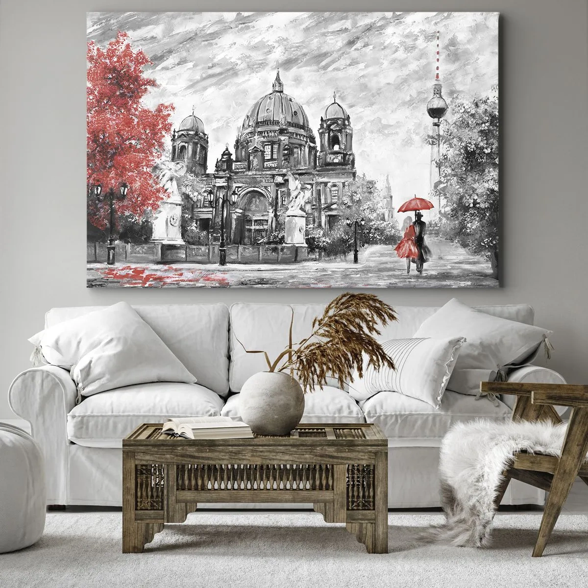 Lærredstryk - Billede på lærred - Sort-hvid scene med Berlin, en rød paraply og et træ - 70x50cm - Møde i Berlin - Moderne vægdekoration til stue og soveværelse ARTTOR