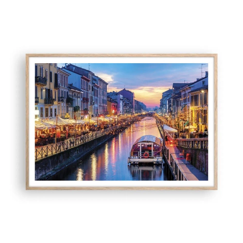 Plakat i ramme af lyst egetræ - En aften med lys og sjov - 100x70 cm