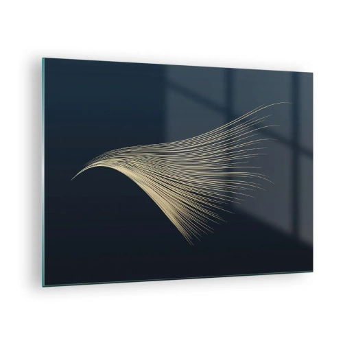 Billede på glas - En gylden linje, der ligner en vinge, på en marineblå baggrund - 70x50cm - Som en engels hår - Moderne vægdekoration til stue og soveværelse ARTTOR