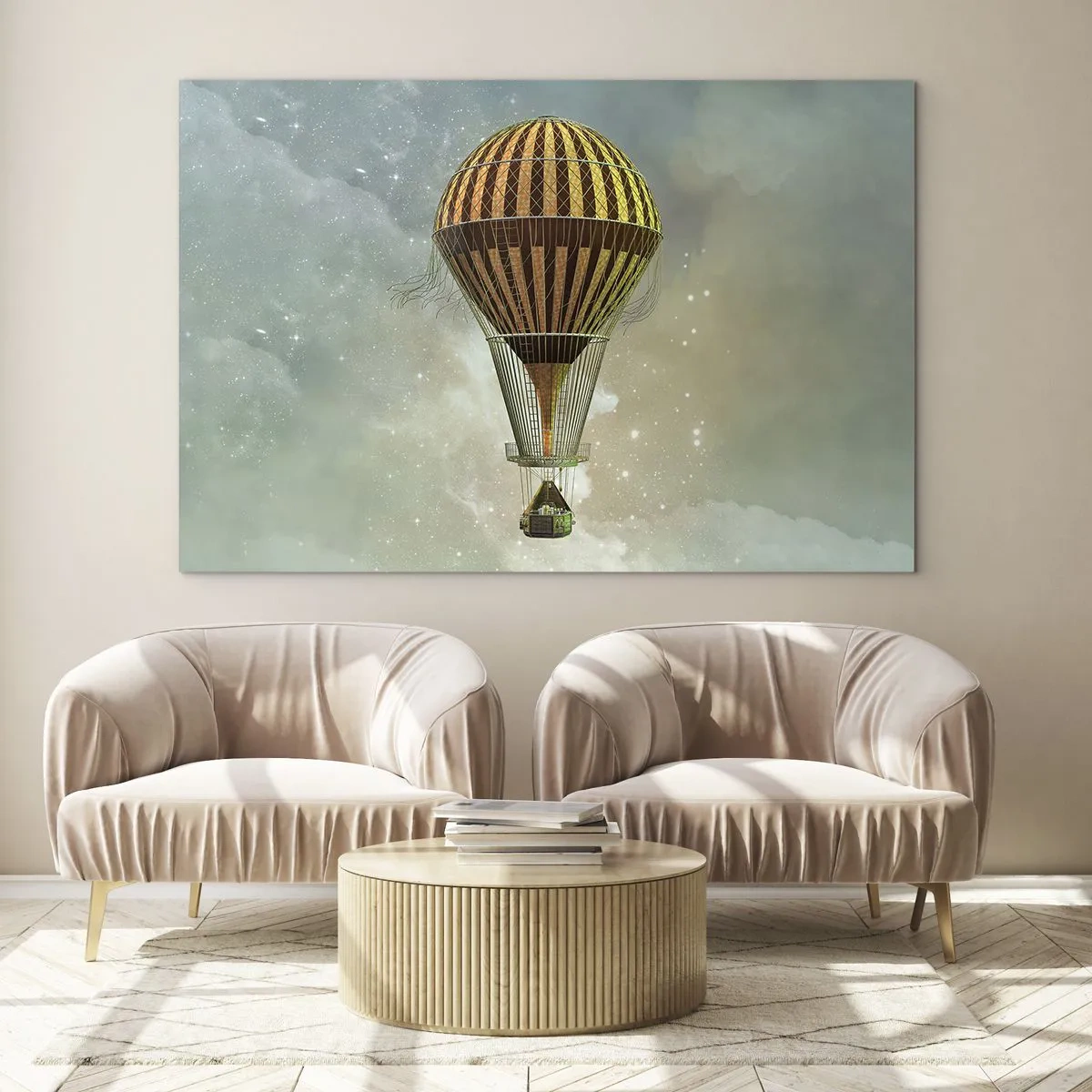 Billede på glas - En stiliseret ballon mod en baggrund af en stjerneklar himmel og skyer. - 70x50cm - Banebrydende flyvninger - Moderne vægdekoration til stue og soveværelse ARTTOR