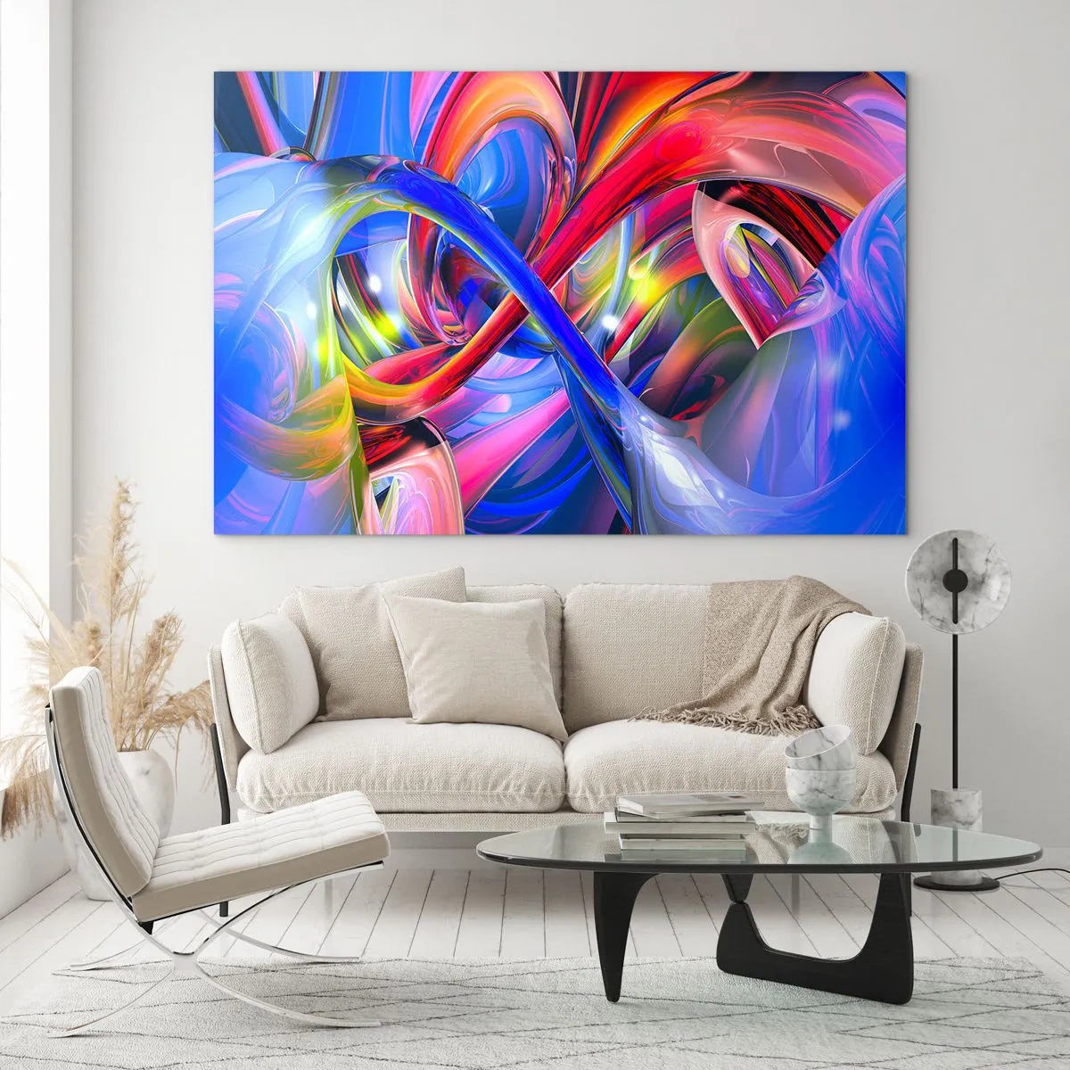 Billede på glas - Abstrakte, farverige linjer og energisk dynamik - 70x50cm - En dans af farver - Moderne vægdekoration til stue og soveværelse ARTTOR