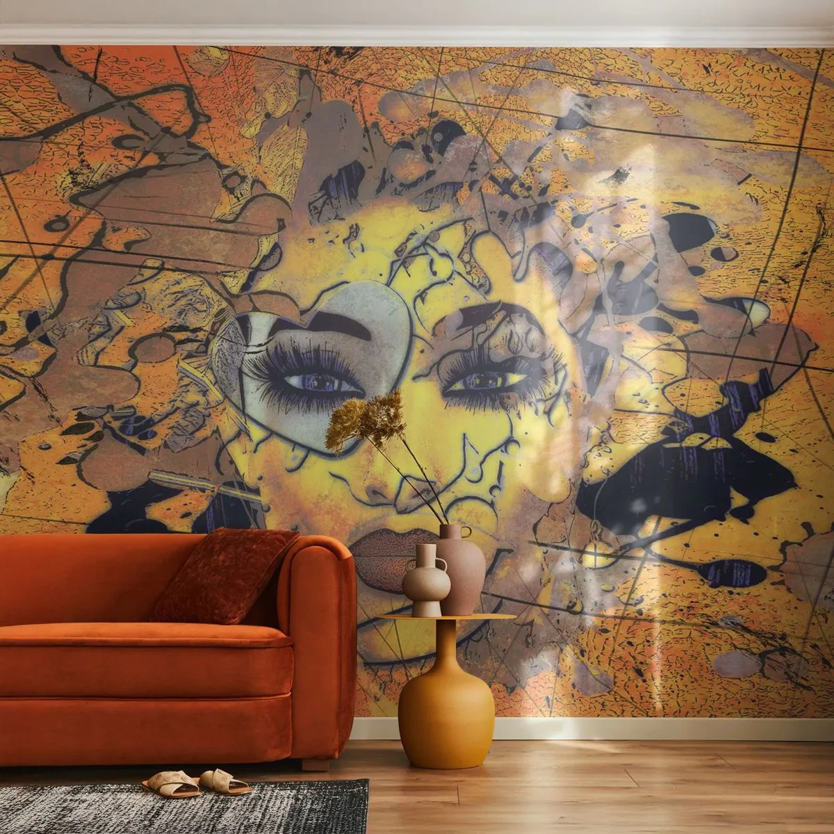 Fototapet Premium Sand - Solrig skønhed - Abstraktion, Kvindens ansigt, Øjne - 300x210 cm