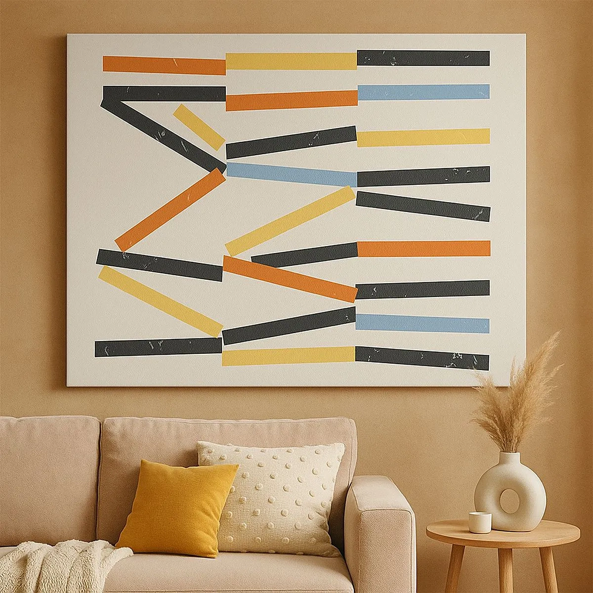 Lærredstryk - Billede på lærred - Abstrakt komposition med farvede og sorte rektangler i et vandret arrangement - 70x50cm - Vandret komposition - Moderne vægdekoration til stue og soveværelse ARTTOR