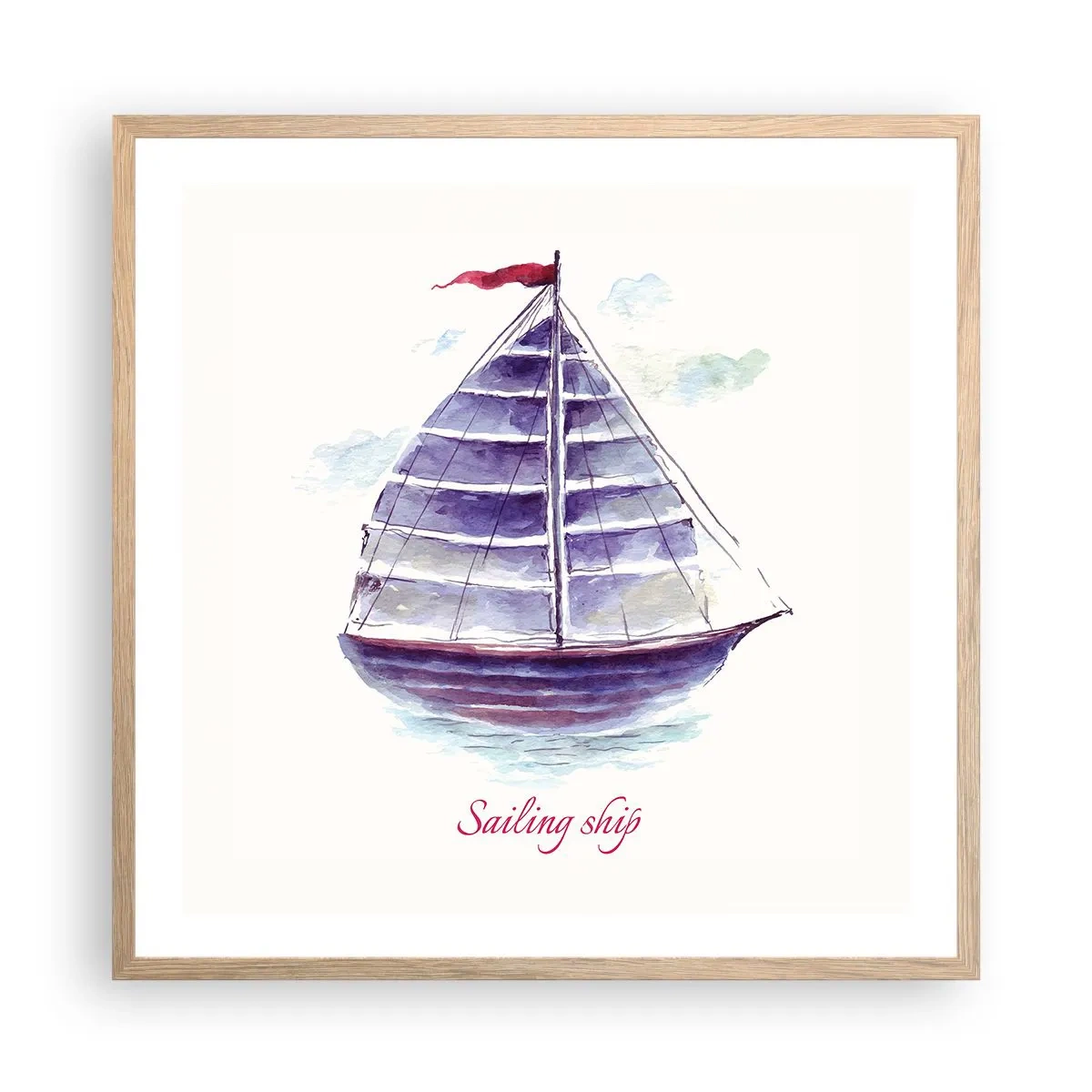 Plakat i ramme af lyst egetræ - Fulde sejl og roligt vand - 60x60 cm