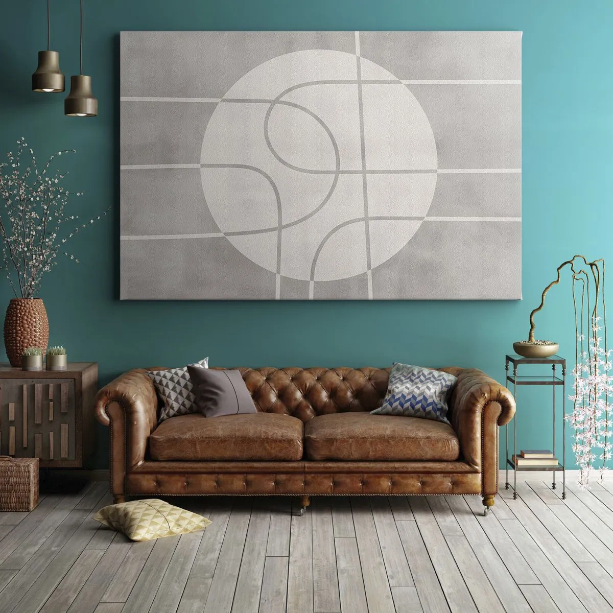 Lærredstryk - Billede på lærred - Geometrisk mønster i nuancer af grå og hvid - 70x50cm - Cirkulær og lige frem - Moderne vægdekoration til stue og soveværelse ARTTOR