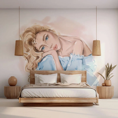 Fototapet Premium Canvas - Drømmende i blåt - Kvinde, Mode, Grafik - 300x210 cm