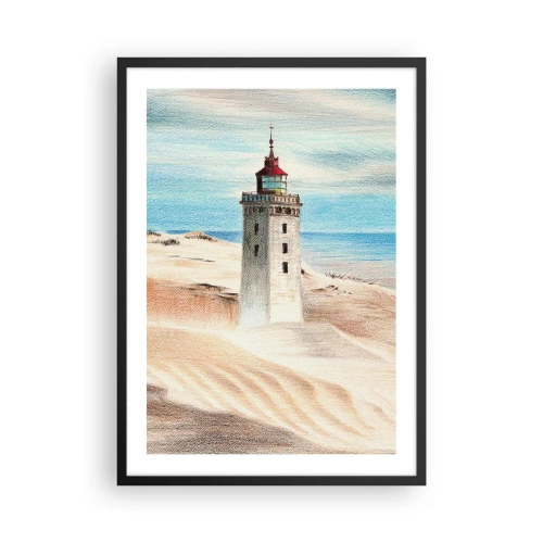 Plakat i sort ramme - Et fyrtårn mod baggrunden af klitter og en blå himmel - 50x70cm - Altid med blikket rettet mod havet - Moderne vægdekoration til stue og soveværelse ARTTOR
