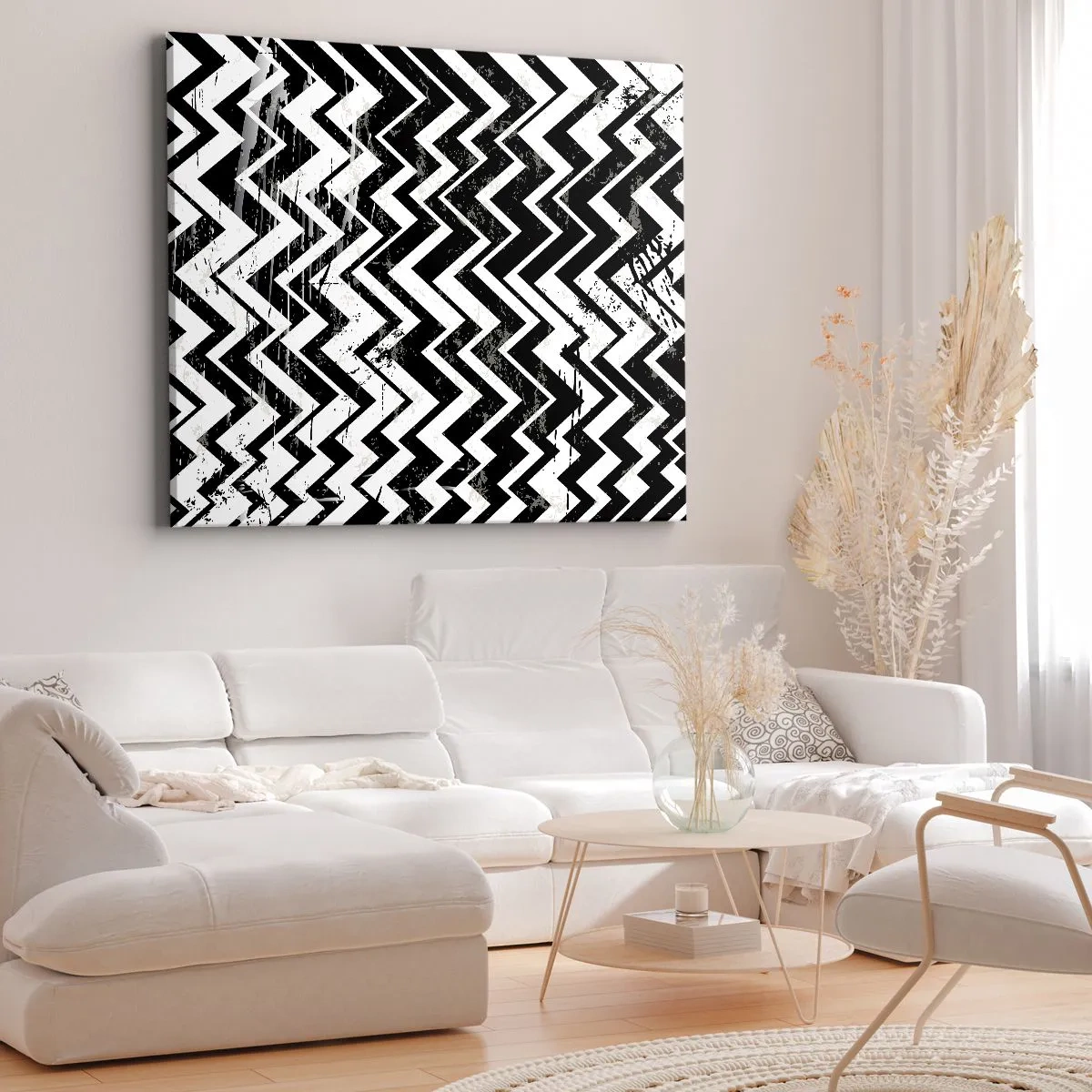 Lærredstryk - Billede på lærred - Sort og hvidt zigzagmønster med kunstneriske skrammer - 70x50cm - Zig-hvid, zag-sort - Moderne vægdekoration til stue og soveværelse ARTTOR