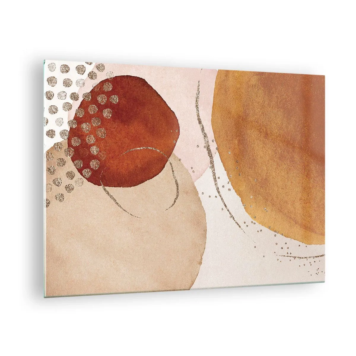 Billede på glas - Abstrakte cirkler i nuancer af beige, kobber og guld - 70x50cm - Rundhed og bevægelse - Moderne vægdekoration til stue og soveværelse ARTTOR