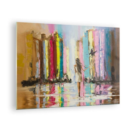 Billede på glas - En kvinde med en fugl i baggrunden af farverige bygninger - 70x50cm - Følg mig - Moderne vægdekoration til stue og soveværelse ARTTOR