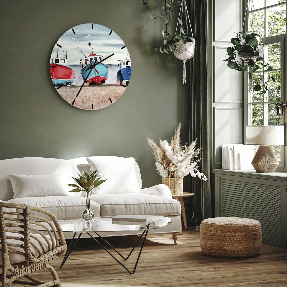 Vægur, Uret - Farverige fiskerbåde på kysten i maleriske omgivelser - 30x30cm - Klar til at fange - Moderne vægdekoration til stue, køkken og soveværelse ARTTOR
