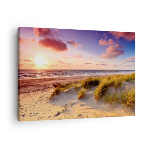 Lærredstryk - Billede på lærred - En græsklædt strand og en solnedgang over et roligt hav - 70x50cm - Luften dufter allerede af sommer - Moderne vægdekoration til stue og soveværelse ARTTOR
