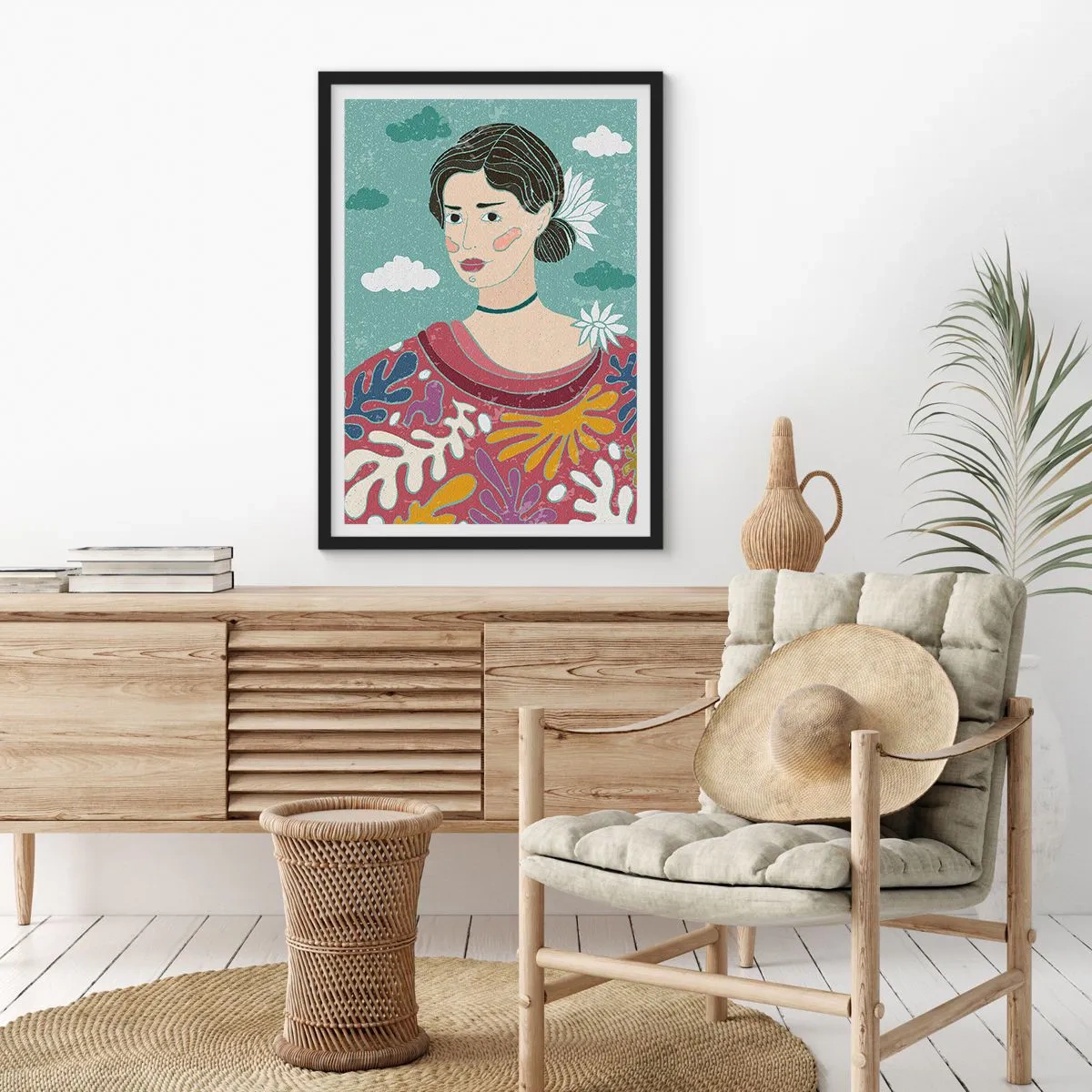Plakat i sort ramme - Portræt af en kvinde i en farverig, stiliseret kjole mod en baggrund af skyer. - 50x70cm - Med melankoli i dit blik - Moderne vægdekoration til stue og soveværelse ARTTOR