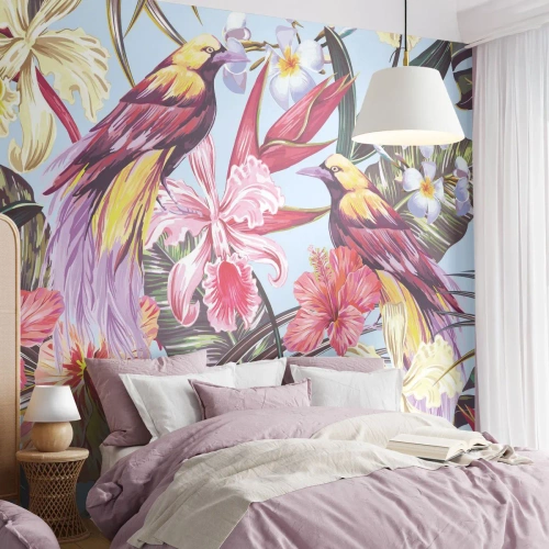 Fototapet Standard Eco - Kronblade og fjer - Fugl, Blomster, Have - 350x256 cm