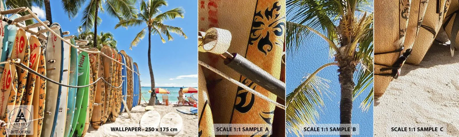 Prøve Fototapet Premium Sand - Solrig sjov - Landskab, Surfbræt, Strand - 100x30 cm