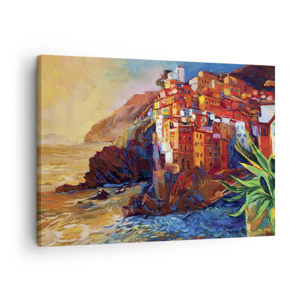Lærredstryk - Billede på lærred - Farverige huse på en klippe over havet - 70x50cm - Italiensk atmosfære - Moderne vægdekoration til stue og soveværelse ARTTOR