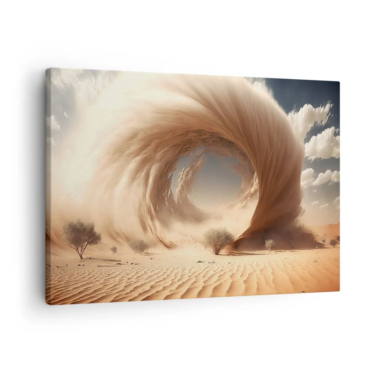 Lærredstryk - Billede på lærred - Dynamisk sandhvirvel i en ørken med træer - 70x50cm - Åben portal - Moderne vægdekoration til stue og soveværelse ARTTOR