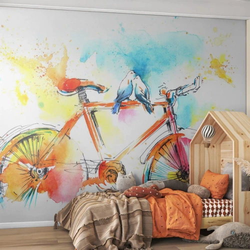 Fototapet Selvklæbende Deluxe Sticker - To på en cykel - Abstraktion, Cykel, Fugle - 450x315 cm