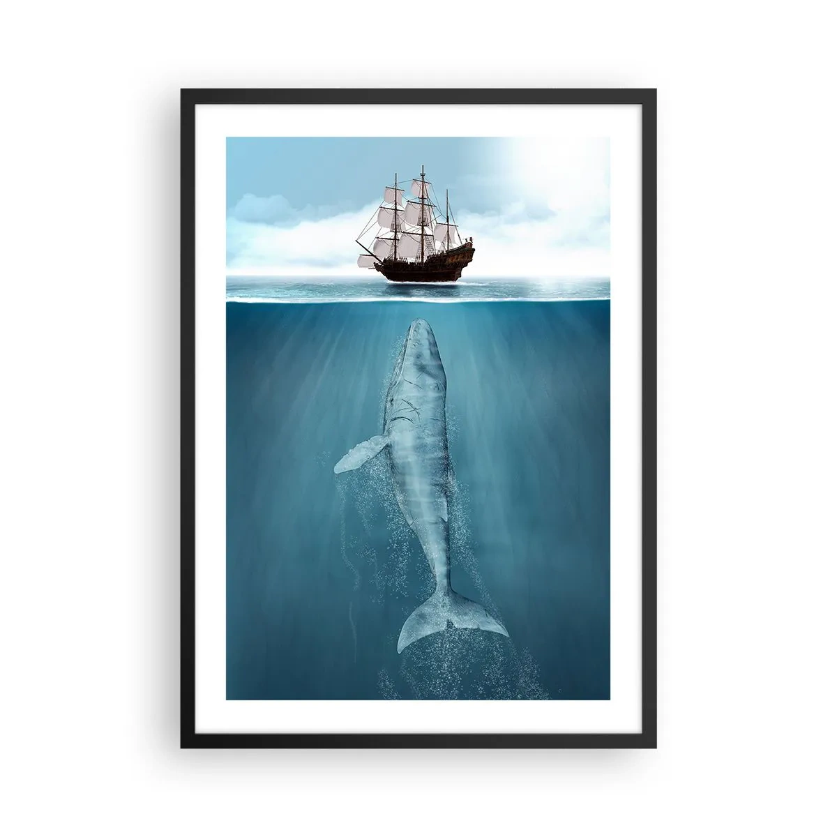 Plakat i sort ramme - Et skib på vandoverfladen med en hval under, i et surrealistisk billede - 50x70cm - Bedre ikke at vide - Moderne vægdekoration til stue og soveværelse ARTTOR